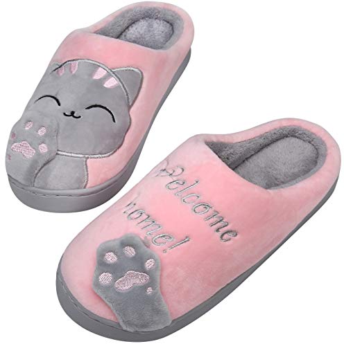 Mishansha Zapatillas de Estar por Casa Mujer Invierno Zapatillas de Interior Calientes Dibujos Animados Gato Dormitorio Zapatos de Piso, Cat-Rosa, 35/36 EU=36/37 CN