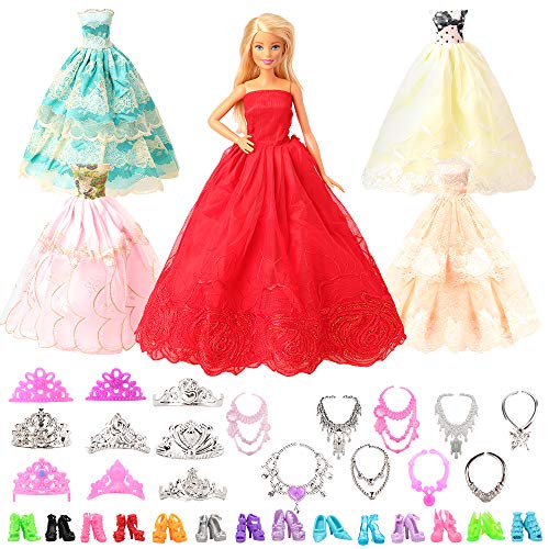 Miunana 22 accesorios para 11,5 pulgadas 28 – 30 cm muñeca chica: 5 vestidos de novia + 10 zapatos + 6 coronas + 6 collares.