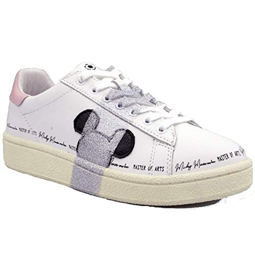 MOA Master of Arts MD402 - Zapatos de mujer de Mickey Mouse de Disney - Zapatillas deportivas de piel - Color blanco y rosa - Plateado - Cómodas Blanco Size: 38 EU