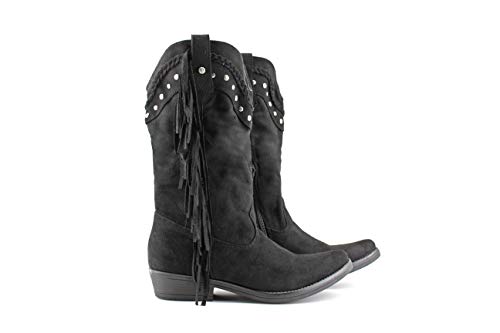 Modelisa - Botas Planas Cowboy con Flecos para Mujer (Negro, Numeric_37)