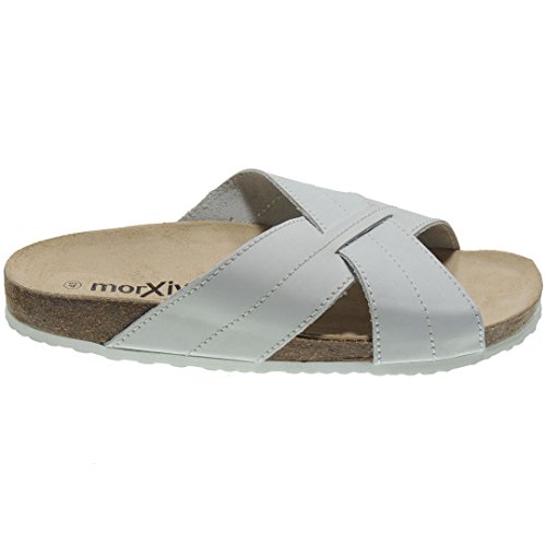 MORXIVA 8015 Sandalia Anatómica Piso Bio para Hombre - Piel Nobuk - Tiras Cruzadas Blanco Talla 45