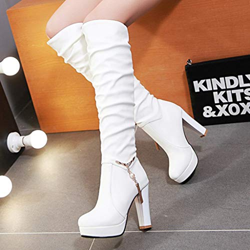 MrTom Botas Altas Mujer sobre la Rodilla Piel Zapatos de Tacón Novia con Borlas Botas Moto Equitacion Fiesta Casual Moda Invierno Tacón Ancho Calzado de Trabajo Damas Negras Blancas 35-43