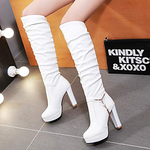 MrTom Botas Altas Mujer sobre la Rodilla Piel Zapatos de Tacón Novia con Borlas Botas Moto Equitacion Fiesta Casual Moda Invierno Tacón Ancho Calzado de Trabajo Damas Negras Blancas 35-43