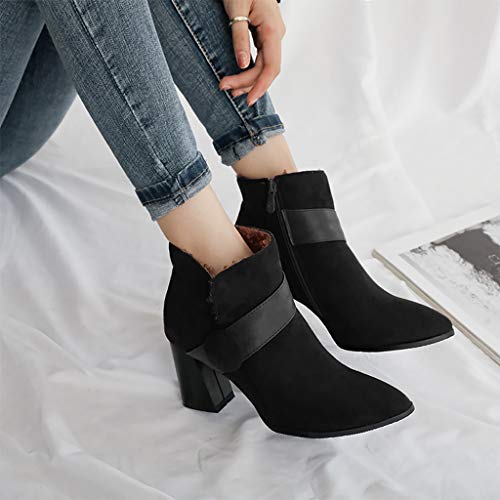 MrTom Botines Mujer Invierno Piel Ante Botas De Seguridad Pantorrilla Calzado de Trabajo Fiesta Casual Damas Gamuza Vintage TacóN Grueso Punta Puntiaguda Ankle Boots Negras Caqui Marrón