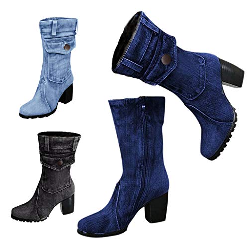 MrTom Botines Mujer Vaqueras Altas Plisado Invierno Otoño 2019 Botas de Nieve Rodilla Casual Fiesta Zapatos de Tacón Alto Ancho Hebilla Metálica Calzado de Trabajo Cuña Boots (36 CN, Tela Vaqueras-G)