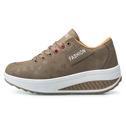 Mujer Adelgazar Zapatos Sneakers para Caminar Zapatillas Aptitud Cuña Plataforma Zapatos (Caqui, Numeric_37)