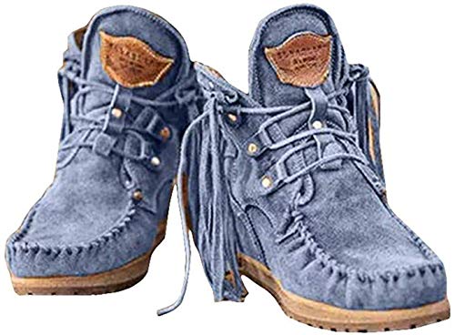 Mujer Botas Militar Moteras Cuero Media Pierna Invierno Guay Botines Botin Cowboy con Flecos Tacón Cuña para Mujer