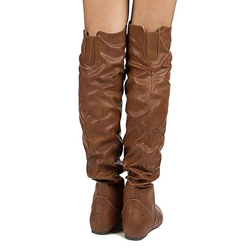 Mujer Botas sobre la Rodilla, Manga elástica de moda sexy, Botas sobre la rodilla hasta el muslo de cuero elástico de PU, Botas de tacón plano de moda de invierno, Botas altas,Marrón,40EU/6.5UK