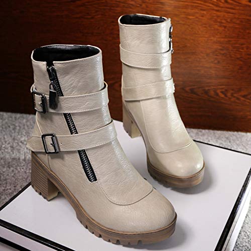 Mujer Botines de Cuero Tacon Alto Otoño Vintage Botas Doble Hebilla Tacón Grueso Mujer Botas cómodas de tacón Plano Cremallera Lateral Cálido Bota Corta riou