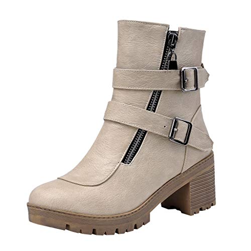 Mujer Botines de Cuero Tacon Alto Otoño Vintage Botas Doble Hebilla Tacón Grueso Mujer Botas cómodas de tacón Plano Cremallera Lateral Cálido Bota Corta riou
