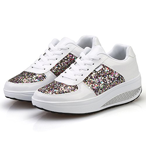 Mujer Zapatillas de Deporte Cuña Zapatos para Caminar Aptitud Plataforma Sneakers con Cordones Calzado de Tacón 4cm Blanco EU 38