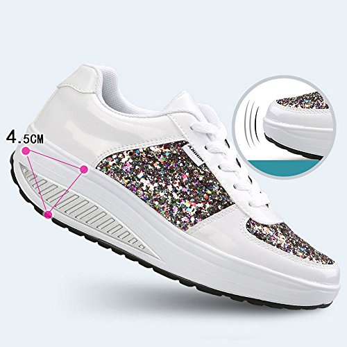 Mujer Zapatillas de Deporte Cuña Zapatos para Caminar Aptitud Plataforma Sneakers con Cordones Calzado de Tacón 4cm Blanco EU 38