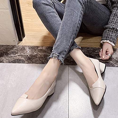 Mujeres Elegantes Bombas Retro Punta Puntiaguda Mocasines de Boca Baja otoño Zapatos de Barco de tacón Cuadrado Zapatos de Cuero sin Cordones de Estilo británico