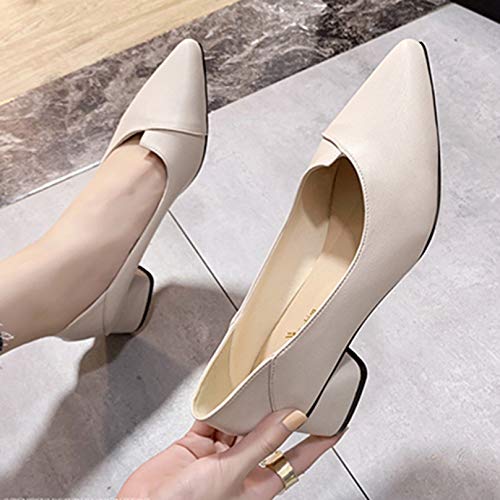 Mujeres Elegantes Bombas Retro Punta Puntiaguda Mocasines de Boca Baja otoño Zapatos de Barco de tacón Cuadrado Zapatos de Cuero sin Cordones de Estilo británico