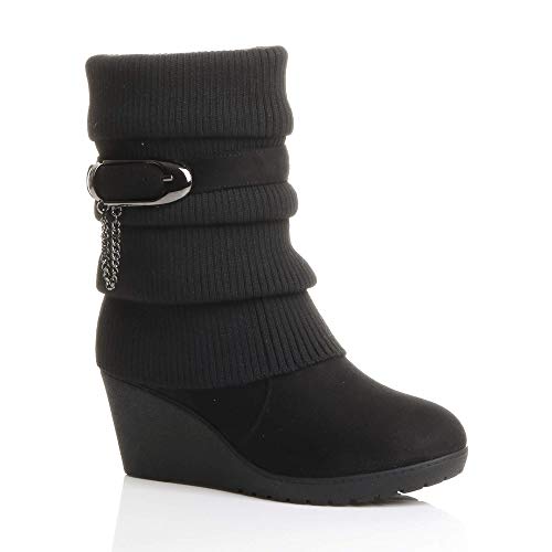 Mujeres tacón de cuña Medio Alto Motorista Cuello de Punto gacho Invierno Pantorrilla Botines número 6 39