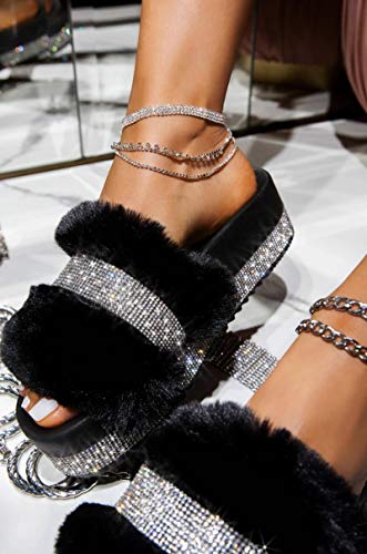 N-B Zapatillas de Piel de Diamantes de imitación para Mujer, Plataforma, cuñas, talón, sólido, Esponjoso, Peludo, Diapositivas, Zapatos Sexis Exteriores para Mujer