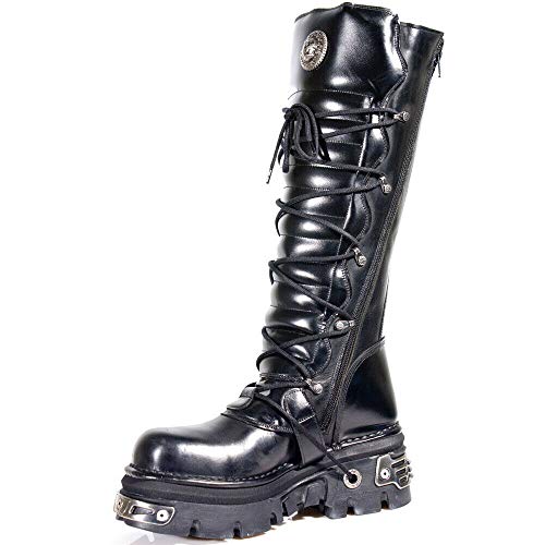 New Rock 272-S1 - Botas altas negras de piel con cremallera, hebillas y detalles metálicos de estilo gótico, unisex, color Negro, talla 39 EU