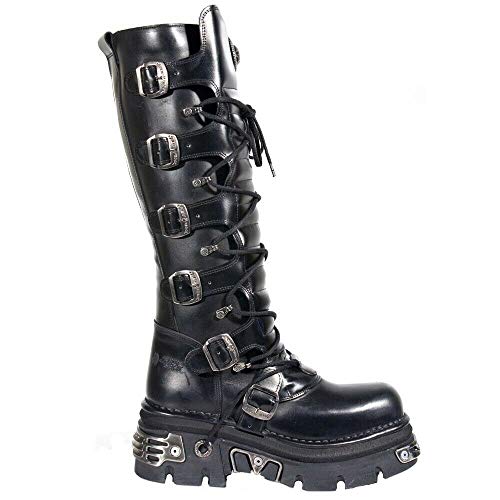New Rock 272-S1 - Botas altas negras de piel con cremallera, hebillas y detalles metálicos de estilo gótico, unisex, color Negro, talla 39 EU