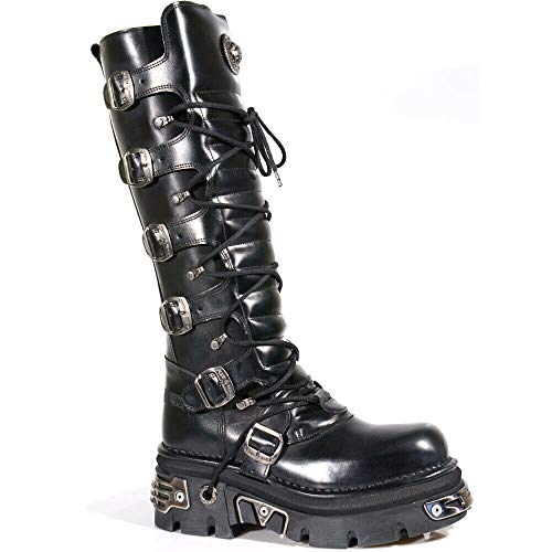 New Rock 272-S1 - Botas altas negras de piel con cremallera, hebillas y detalles metálicos de estilo gótico, unisex, color Negro, talla 42 2/3 EU