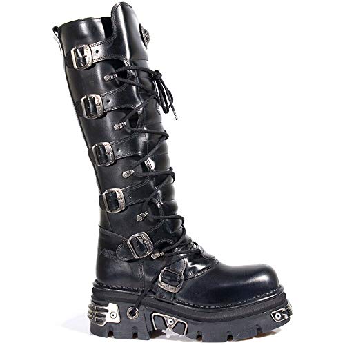 New Rock 272-S1 - Botas altas negras de piel con cremallera, hebillas y detalles metálicos de estilo gótico, unisex, color Negro, talla 44 EU