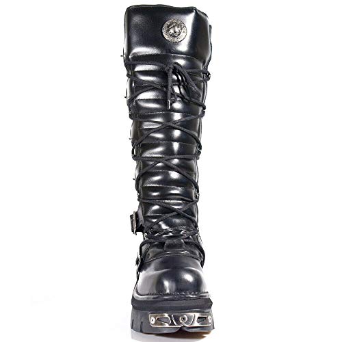 New Rock 272-S1 - Botas altas negras de piel con cremallera, hebillas y detalles metálicos de estilo gótico, unisex, color Negro, talla 44 EU