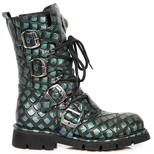 New Rock M.1473-S53 Botas Unisex Mujer Hombre Verde Cuero Piel Tacón Plano Punk Heavy Gotico Militares