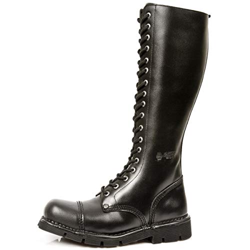 New Rock M.NEWMILI19-S1 Botas Altas Unisex Mujer Hombre Negro Cuero Piel Tacón Plano Punk Heavy Gotico Militares