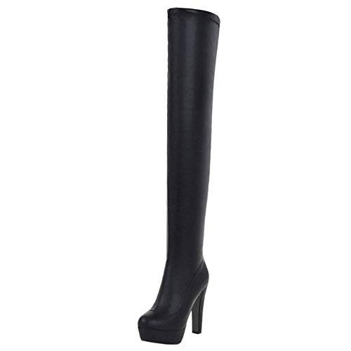 NIGHT CHERRY Mujer Moda Tacón Alto sobre La Rodilla Botas Cremallera Tacón Chunky Largas Botas Plataforma Black Size 40 Asiática