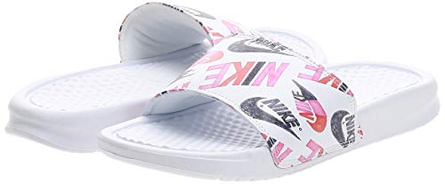 Nike Wmns Benassi JDI Print, Zapatilla de Correr Mujer, Blanco/Negro/Loto Naranja De Equipo Rosado, 36.5 EU