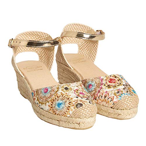 No es lo Mismo - Sandalias o Alpargatas De Yute con Cuña Mujer | Plataforma 3 Cuerdas Esparto con Hebilla Punta Cerrada | Color Estampado Beig Azul Talla del 35 Al 41