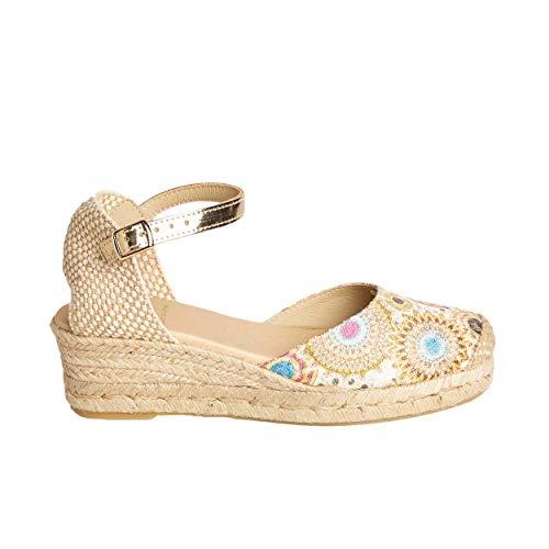 No es lo Mismo - Sandalias o Alpargatas De Yute con Cuña Mujer | Plataforma 3 Cuerdas Esparto con Hebilla Punta Cerrada | Color Estampado Beig Azul Talla del 35 Al 41