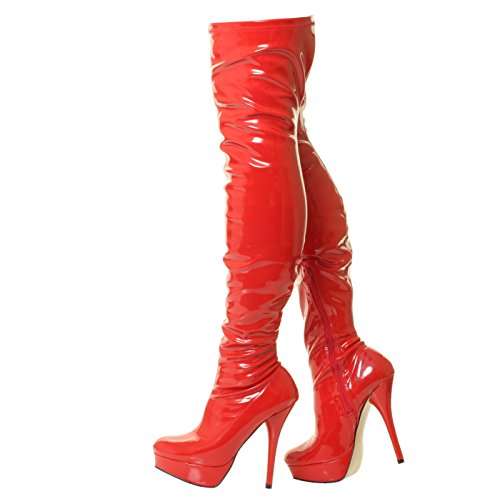 Nueva Sexy Ladies Negro sobre la Rodilla de caña Alta Plataforma del talón Botas (45, Charol Rojo)