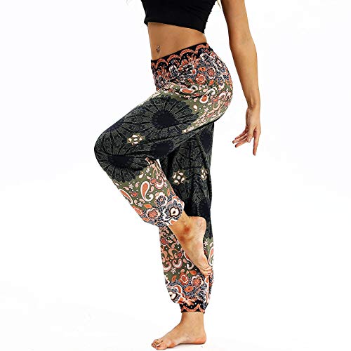 Nuofengkudu Mujer Pantalones Harem Tailandes Hippies Vintage Boho Flores Verano Alta Cintura Elastica Casual Danza Yoga Pants Bombachos Marrón Floral