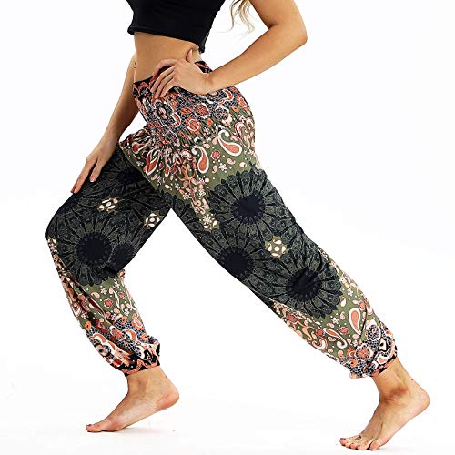 Nuofengkudu Mujer Pantalones Harem Tailandes Hippies Vintage Boho Flores Verano Alta Cintura Elastica Casual Danza Yoga Pants Bombachos Marrón Floral
