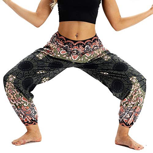 Nuofengkudu Mujer Pantalones Harem Tailandes Hippies Vintage Boho Flores Verano Alta Cintura Elastica Casual Danza Yoga Pants Bombachos Marrón Floral