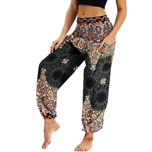 Nuofengkudu Mujer Pantalones Harem Tailandes Hippies Vintage Boho Flores Verano Alta Cintura Elastica Casual Danza Yoga Pants Bombachos Marrón Floral