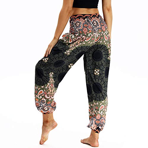 Nuofengkudu Mujer Pantalones Harem Tailandes Hippies Vintage Boho Flores Verano Alta Cintura Elastica Casual Danza Yoga Pants Bombachos Marrón Floral
