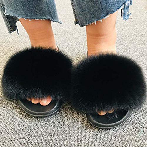 OcaseQ Zapatillas de Felpa Pantuflas de Casa Mujer Sandalia Plana en Pelo Supersuave Peludas Lujosa Chanclas Cómoda Antideslizantes Zapatos de Playa,Negro,39