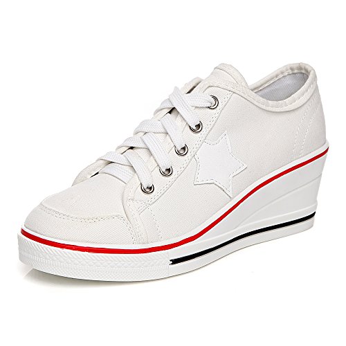 OCHENTA Mujer Lona de la Manera de la Cuna de Tacon Cerrado Deporte Zapatos Cordones #3 Blanco Asia 42 - EU 41