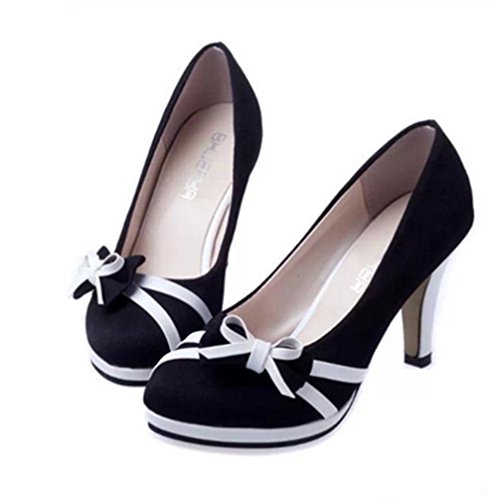 ¡Oferta de liquidación! Zapatos de tacón redondo de moda de primavera de Covermason para mujer Zapatos de tacón alto bajo Bowknot(39 EU, Negro)