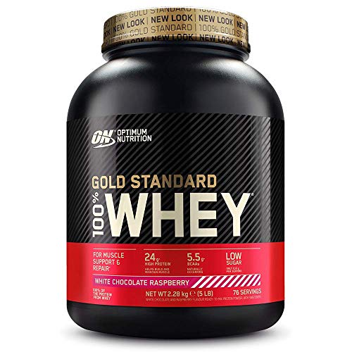 Optimum Nutrition Gold Standard 100% Whey Proteína en Polvo, Glutamina y Aminoácidos Naturales, BCAA, Chocolate Blanco y Frambuesa, 76 Porciones, 2,28kg, Embalaje Puede Variar