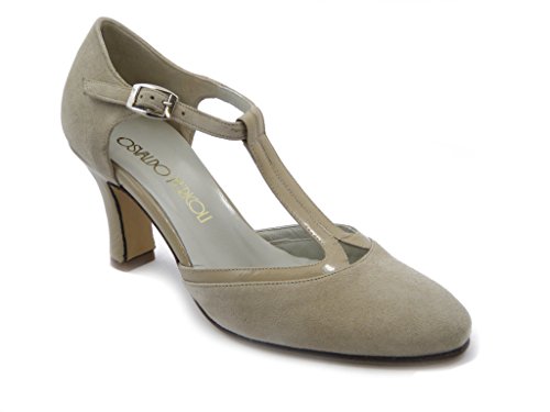 OSVALDO PERICOLI, Charleston 097 - Zapatos de mujer abiertos de ante y piel brillante, color beige, tacón medio 7 cm Beige Size: 38 EU