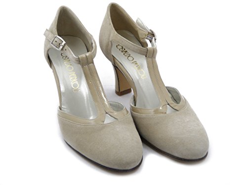 OSVALDO PERICOLI, Charleston 097 - Zapatos de mujer abiertos de ante y piel brillante, color beige, tacón medio 7 cm Beige Size: 38 EU