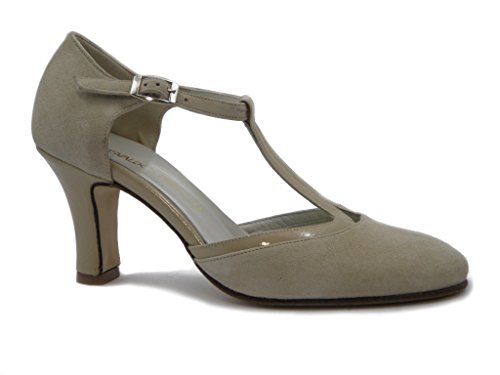OSVALDO PERICOLI, Charleston 097 - Zapatos de mujer abiertos de ante y piel brillante, color beige, tacón medio 7 cm Beige Size: 38 EU