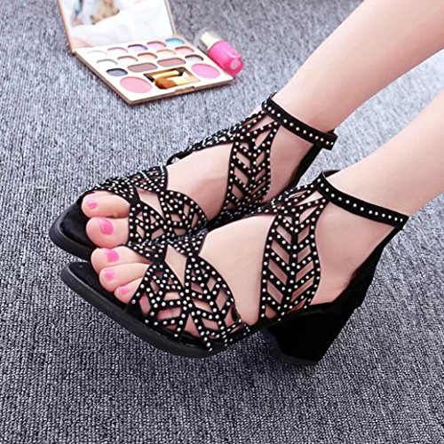 PAOLIAN Sandalias de Vestir de Mujer Plataforma Verano 2018 Terciopelo Sandalias Romano Cruz de Cordones Beads Zapatos de tacón de Boca de Pescado Mujer Hueco Terciopelo Fiesta (38, Negro)