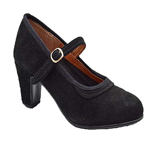 PASARELA - Zapatos Flamenco Mujer con Hebilla y Clavos Negro Cuero Mujer Color: Negro Talla: 38