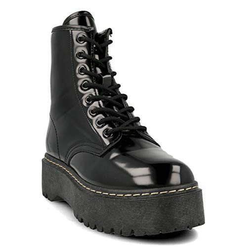 PAYMA - Botas Militares de Mujer con Plataforma. Botas de Combate Estilo Punk Biker Casual. Color Negro con Cosido Beige