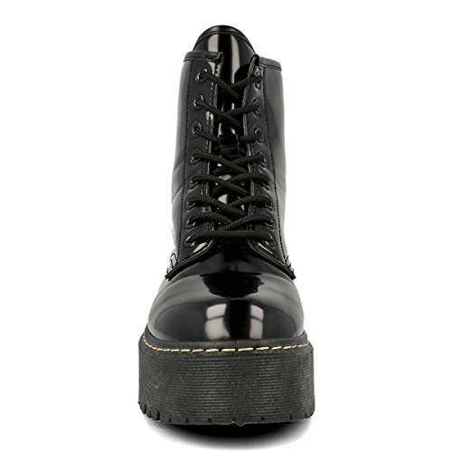 PAYMA - Botas Militares de Mujer con Plataforma. Botas de Combate Estilo Punk Biker Casual. Color Negro con Cosido Beige