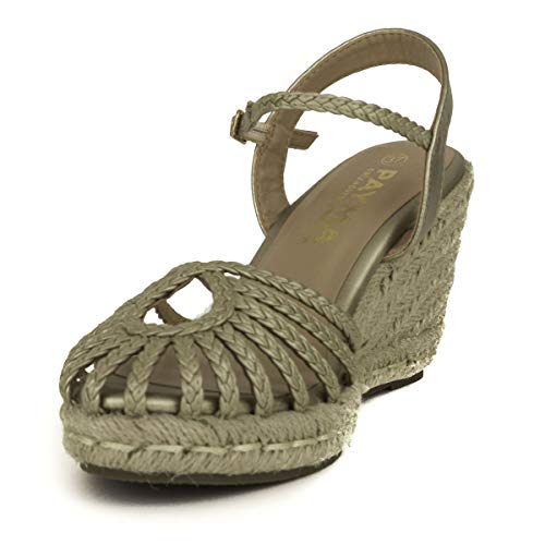 PAYMA - Sandalias Cuñas de Esparto Yute de Mujer. Esparteras. Planta Interior Acolchada. con o Sin Plataforma. Punta Abierta o Cerrada. Cierre Hebilla de Tobillo. Beige, Arcoiris, Oro y Plata