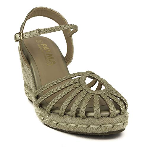 PAYMA - Sandalias Cuñas de Esparto Yute de Mujer. Esparteras. Planta Interior Acolchada. con o Sin Plataforma. Punta Abierta o Cerrada. Cierre Hebilla de Tobillo. Beige, Arcoiris, Oro y Plata